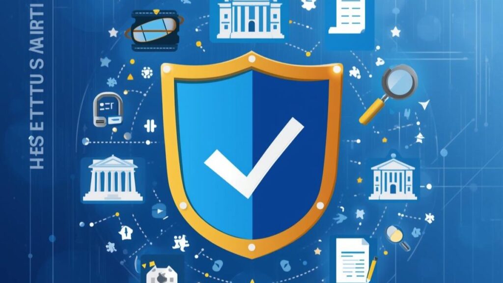 安全な出会いのための公式ガイド10選。警察庁や消費者庁などの公的機関を象徴する盾と信頼のアイコンイラスト