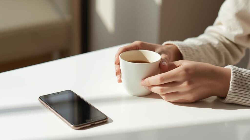 カフェのテーブルでコーヒーを手に、マッチングアプリで2回目に会う基準を考えながら自分と向き合う、落ち着いた大人の時間。