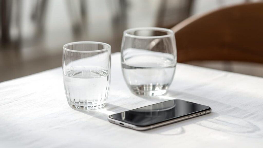 清潔感のあるテーブルに置かれたスマホ。マッチングアプリで2回目に会う基準に満たない、初対面でのマナーや違和感を象徴する一枚。