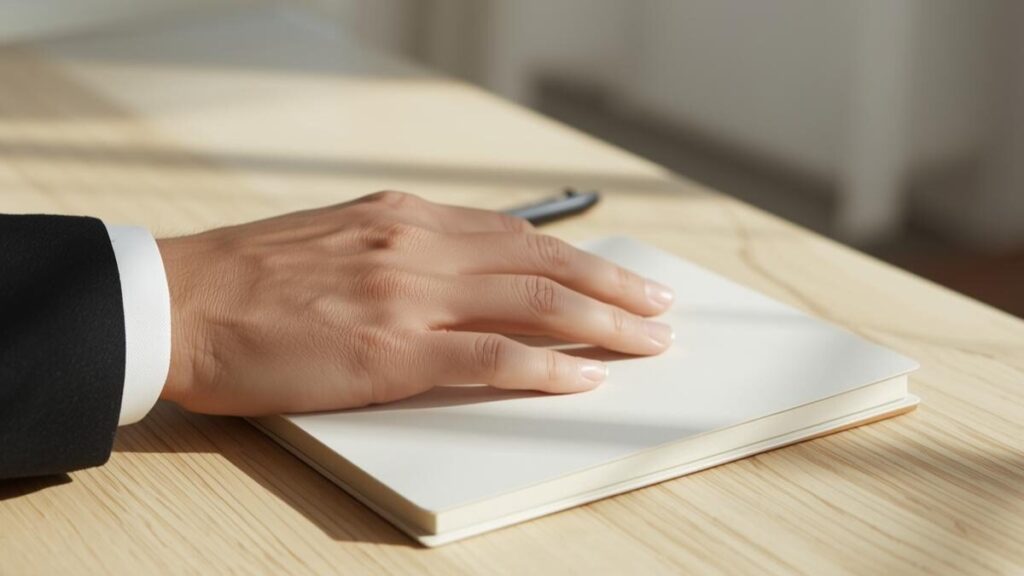 明るい室内でペンを置く男性の手元。相手の反応を思い返し、マッチングアプリで2回目に会う基準を整理する大人の静かな思考。
