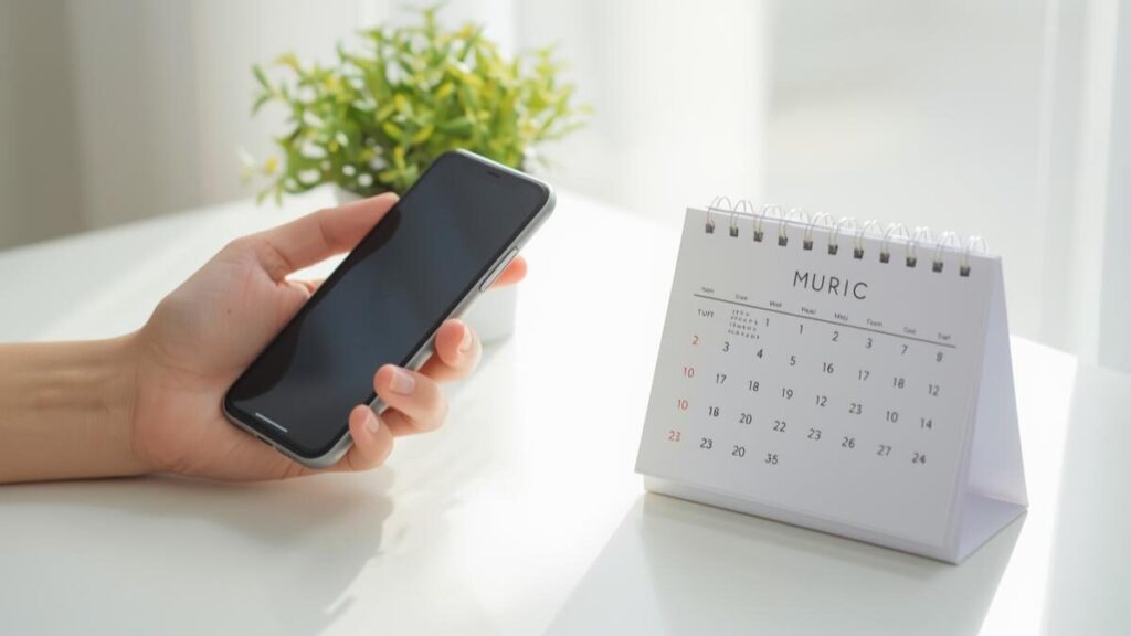 明るい日差しが差し込むデスクで、マッチングアプリで2回目に会う基準となる適切な再会までの期間を検討しながらスマホを操作する手元。